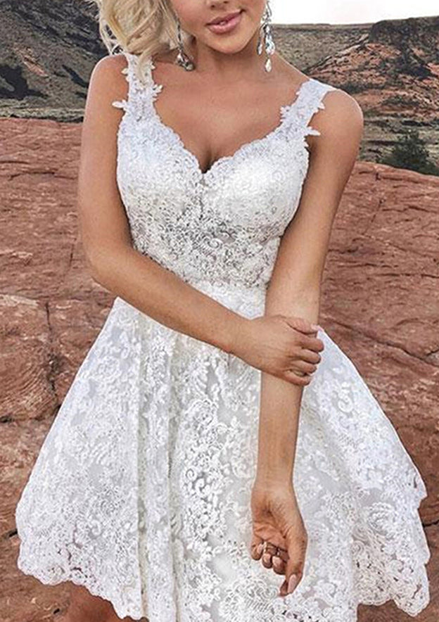 Classic A-Line V-Neck Sleeveless Lace Mini Homecoming Dress BM bride