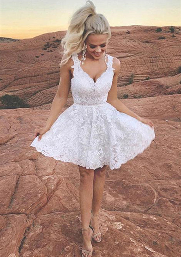 Classic A-Line V-Neck Sleeveless Lace Mini Homecoming Dress BM bride