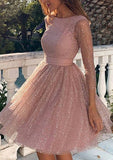 Chic A-Line Scoop Neck Full Sleeve Metallic Yarn Mini Homecoming Dress With Glitter BM bride