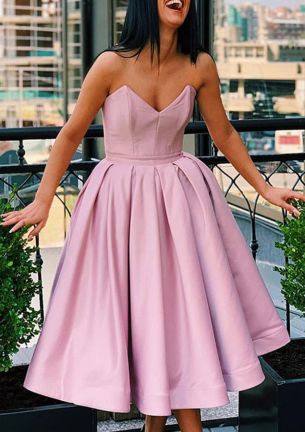 Modern A-Line Sweetheart Tea-Length Satin Homecoming Dress With Ruffles BM bride