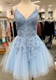 Sophisticated A-Line V-Neck Sleeveless Lace Tulle Satin Mini Homecoming Dress With Appliqued Sequins BM bride