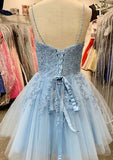 Sophisticated A-Line V-Neck Sleeveless Lace Tulle Satin Mini Homecoming Dress With Appliqued Sequins BM bride