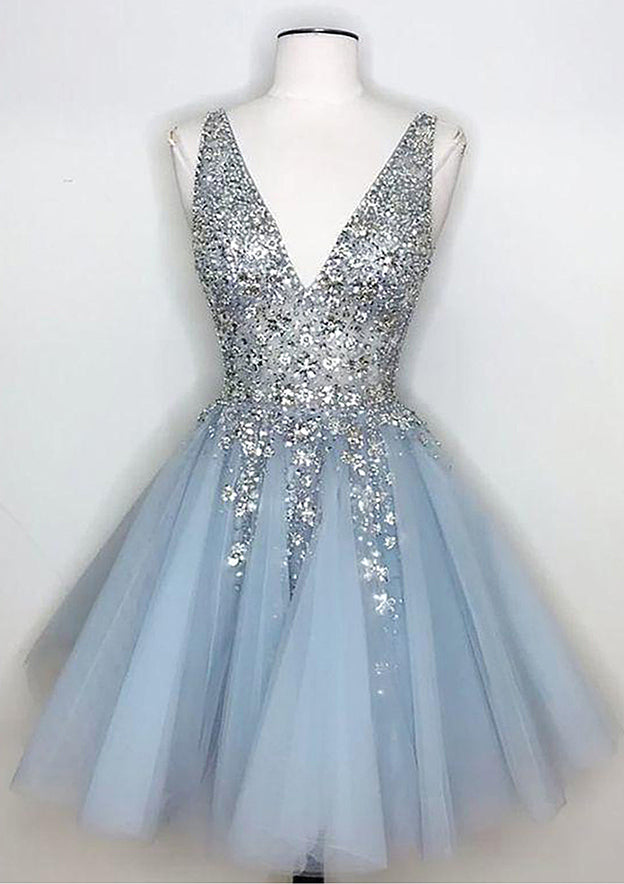 Gorgeous A-Line V-Neck Sleeveless Mini Homecoming Dress With Beading Ruffles Sequins BM bride