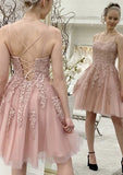 Graceful A-Line Scoop Neck Sleeveless Lace Tulle Mini Homecoming Dress BM bride