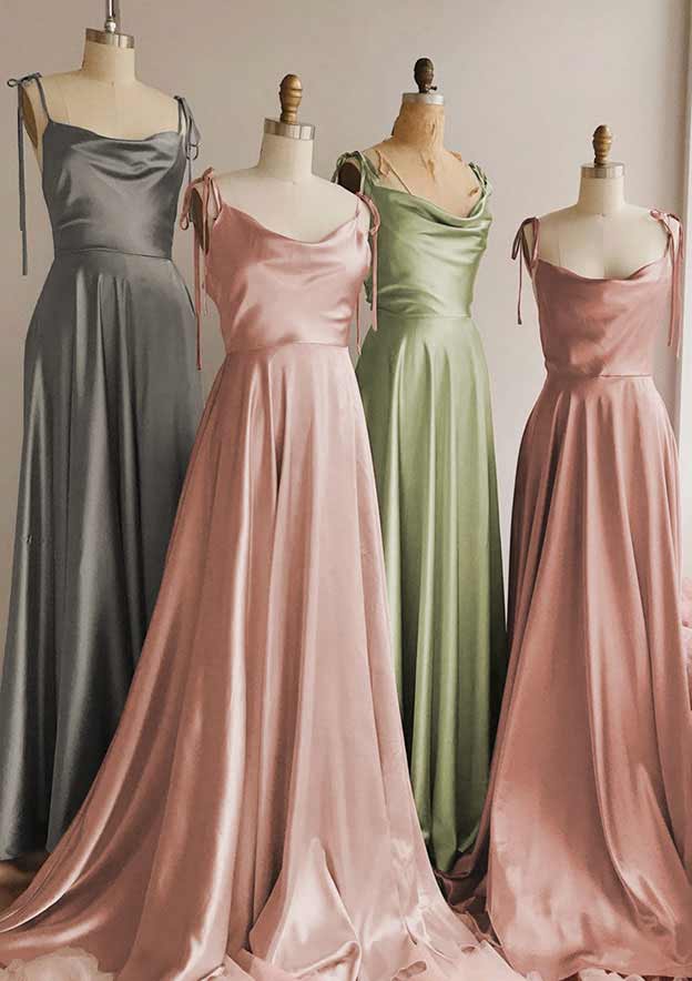 A-Line Floor-Length Charmeuse Bridesmaid Dress, Cowl Neck With Spaghetti Straps And Split