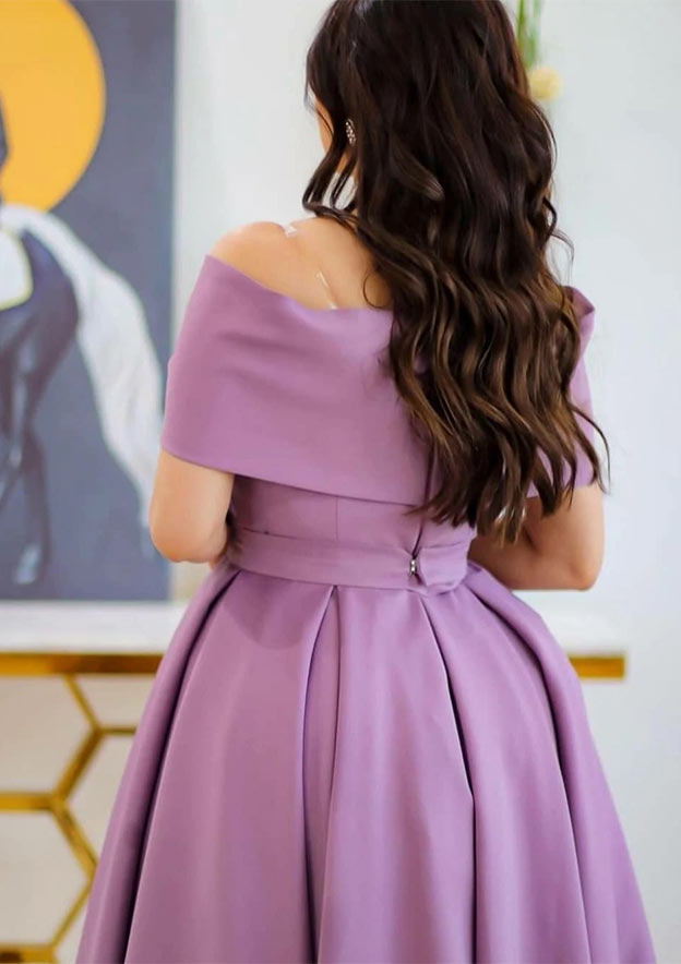 A-Line Off-The-Shoulder Short Sleeve Ankle-Length Satin Homecoming Dress With Pleated Waistband - Elegant Event Dress