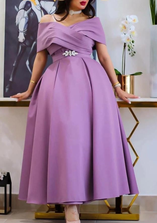 A-Line Off-The-Shoulder Short Sleeve Ankle-Length Satin Homecoming Dress With Pleated Waistband - Elegant Event Dress