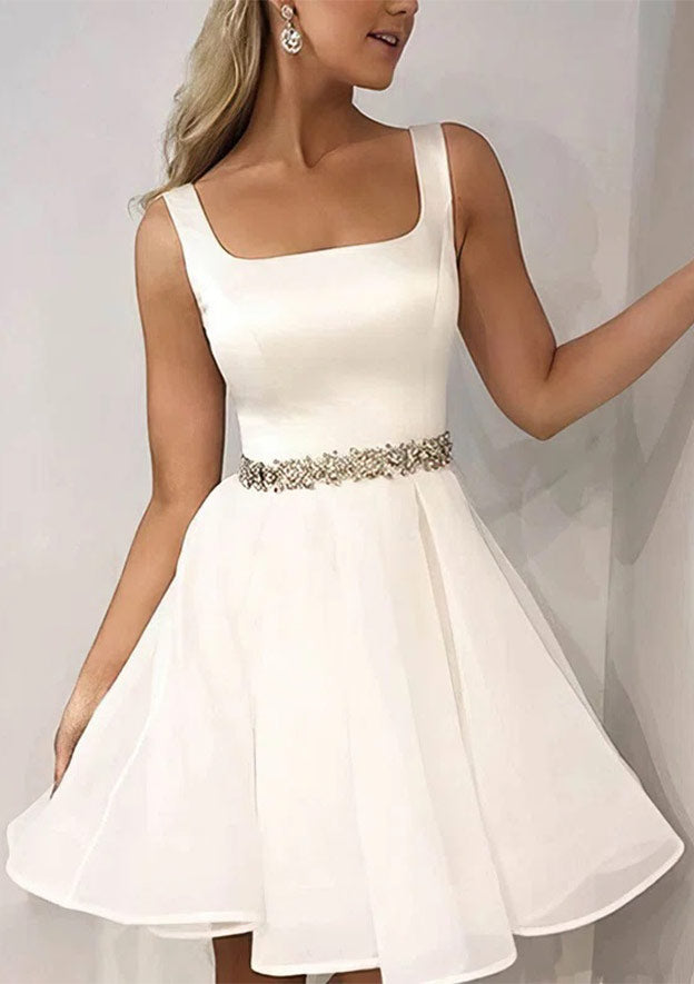 Beaded & Ruffled Mini Satin A-Line Dress With Scoop Neck & Sleeveless Design - Homecoming Elegance BM bride