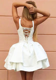 A-Line V-Neck Sleeveless Mini Satin Homecoming Dress With Ruffles BM bride