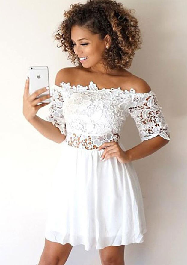 A-Line Off-The-Shoulder Half Sleeve Mini Chiffon Homecoming Dress With Lace