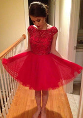 A-Line Bateau Sleeveless Mini Tulle Homecoming Dress With Applique Beading