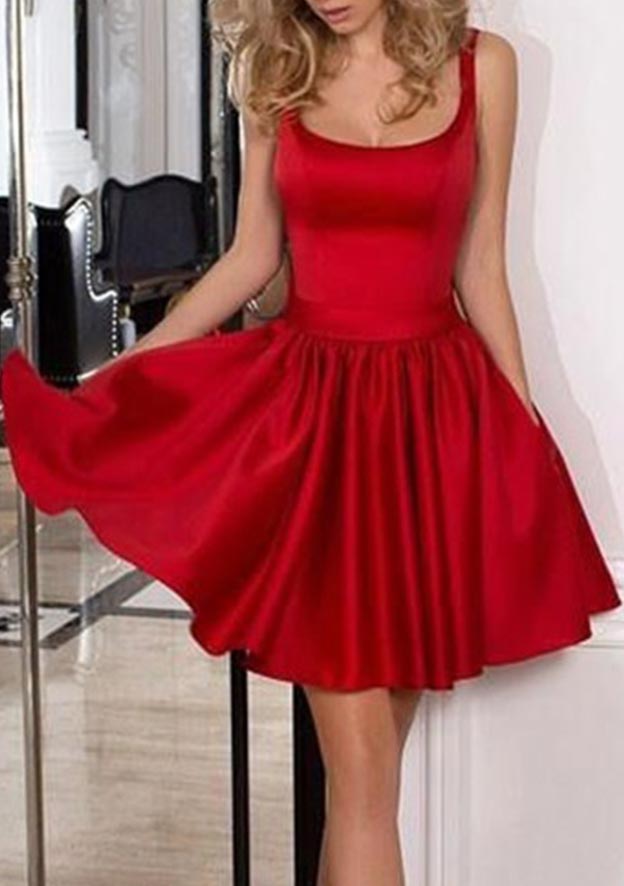 A-Line Square Neckline Sleeveless Mini Satin Homecoming Dress With Bowknot Ruffles