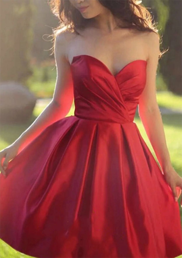 A-Line Sweetheart Sleeveless Mini Satin Homecoming Dress With Pleats