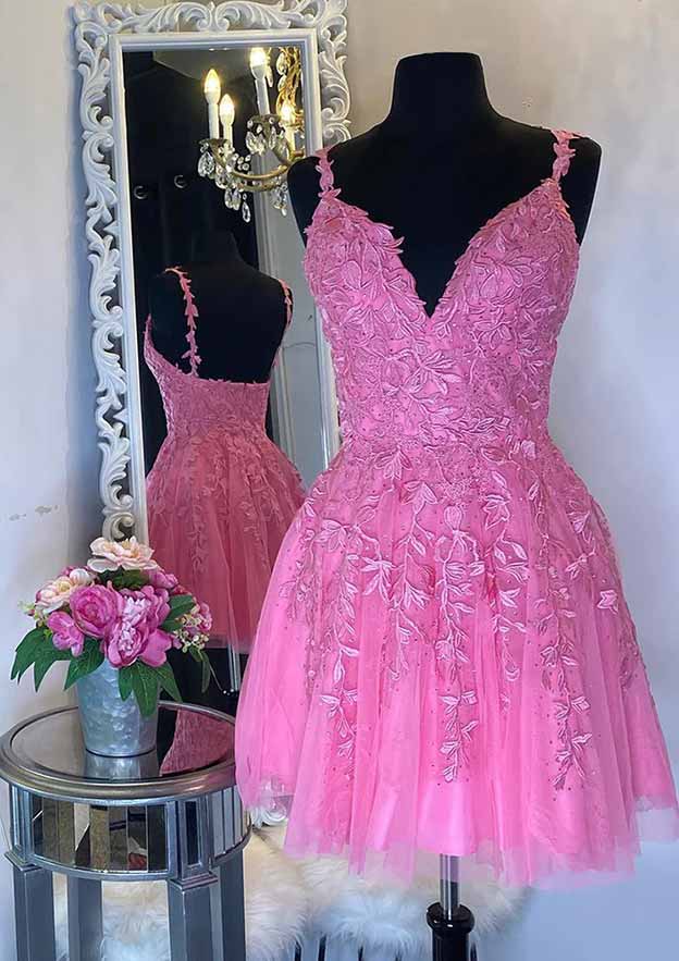 A-Line Mini Tulle Homecoming Dress With V-Neck & Embellished Appliqu¨¦s