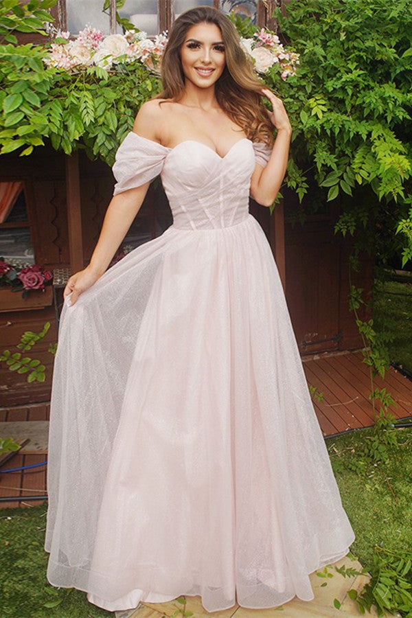 Pale Pink Off-the-Shoulder Evening Dress BM bride