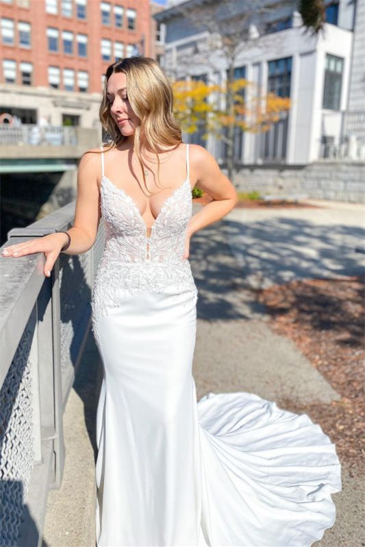 Spaghetti Strap Mermaid Wedding Dress with Applique BM bride