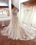 Long A-Line V-Neck Sleeveless Floral Lace Wedding Dress with Tulle and Boho Style BM bride