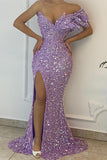 Beautiful Lilac Off-The-Shoulder Mermaid Prom Dress with Sequins and Split BM bride