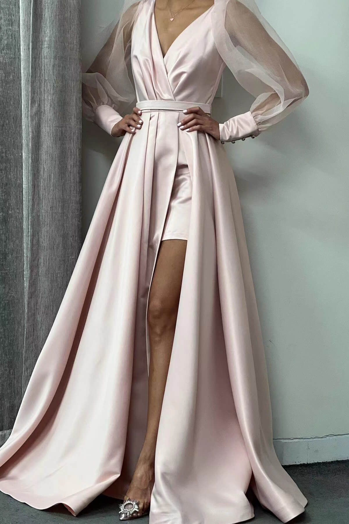 Long Sleeve A-Line Slit Evening Dress with Puff Sleeves BM bride