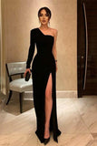 Black One Shoulder Long Sleeve Prom Dress BM bride