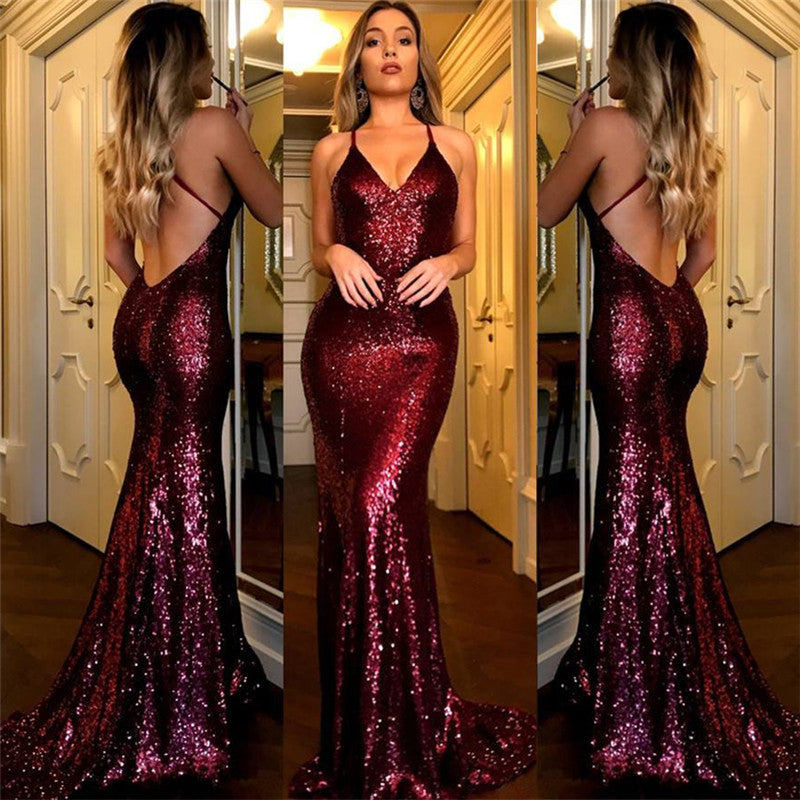 Sequin Backless Burgundy Evening Dress BM bride