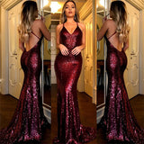 Sequin Backless Burgundy Evening Dress BM bride