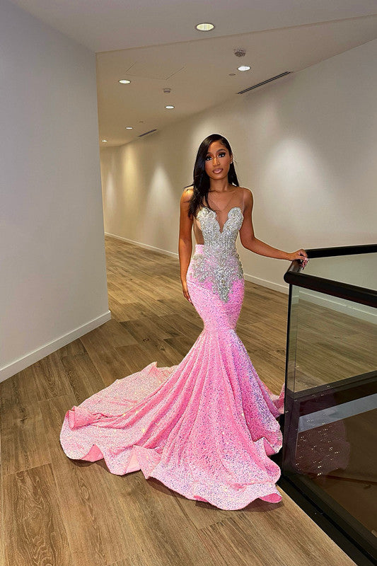 Pink Sleeveless Sequins Mermaid Evening Dress Long with Slit BM bride