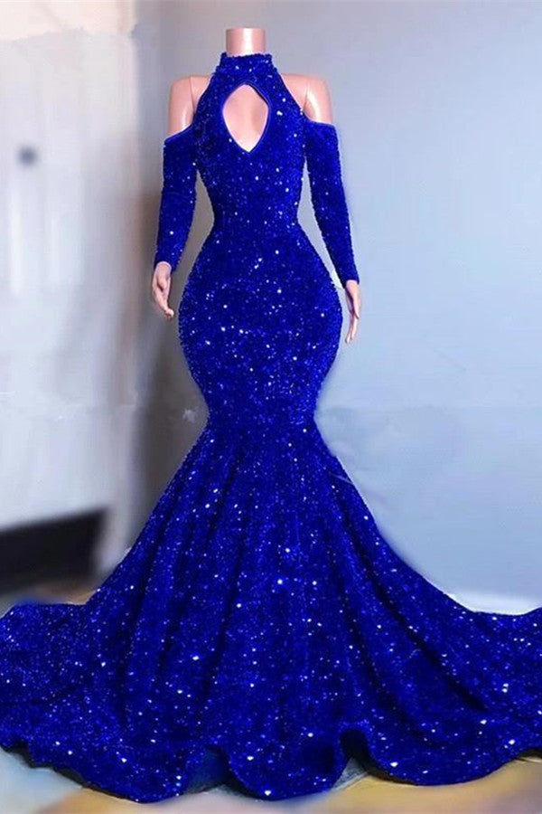 Royal Blue Long Sleeves Mermaid Prom Dress High Collar with Sequins BM bride