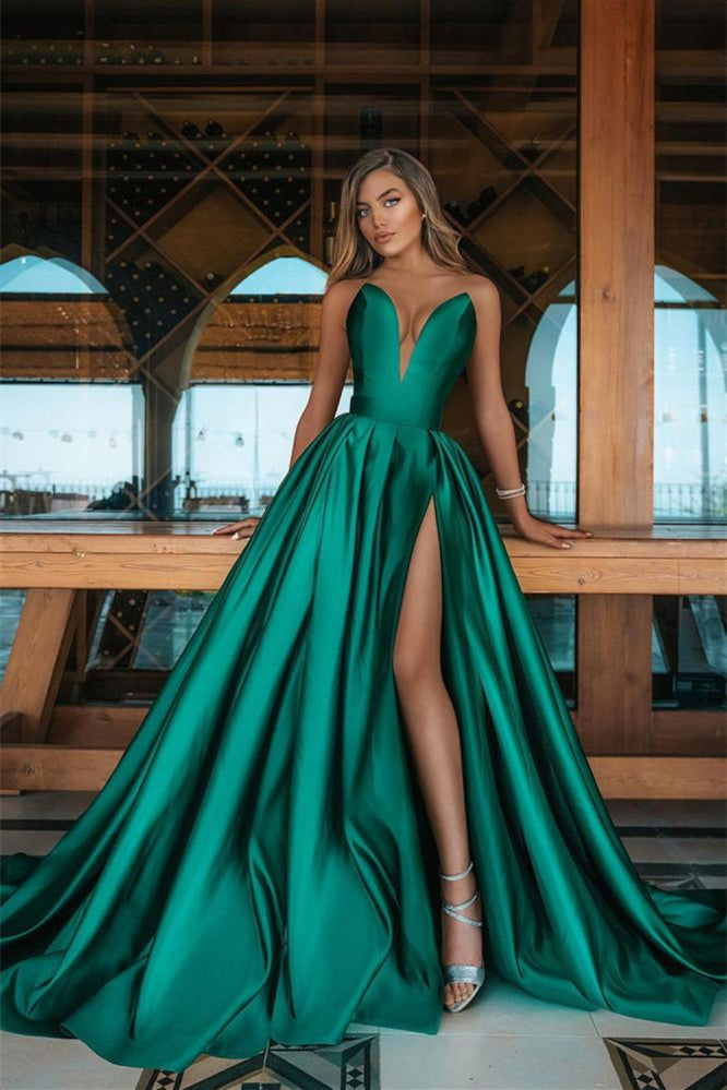 Emerald Green V-Neck Prom Dress Long with Split BM bride