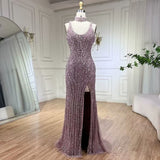 Luxurious Formal Evening Dress with Square Beaded Embroidery and Slit BM bride