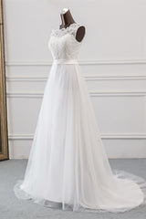 A-Line Jewel Neck Tulle Long Wedding Dress with Lace Appliques