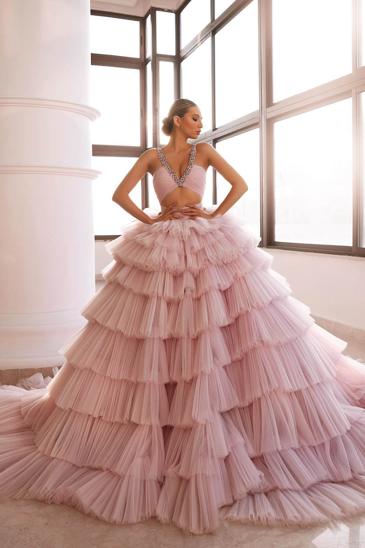 Luxurious Pink Deep V-Neck Sleeveless Prom Dress with Tulle Layered and Crystal BM bride