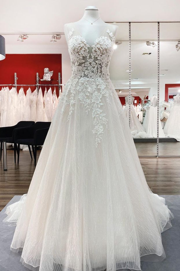 Sweetheart Long A-Line Wedding Dress with Tulle Ruffles, Open Back, and Lace Appliques BM bride