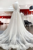 Sweetheart Long A-Line Wedding Dress with Tulle Ruffles, Open Back, and Lace Appliques BM bride