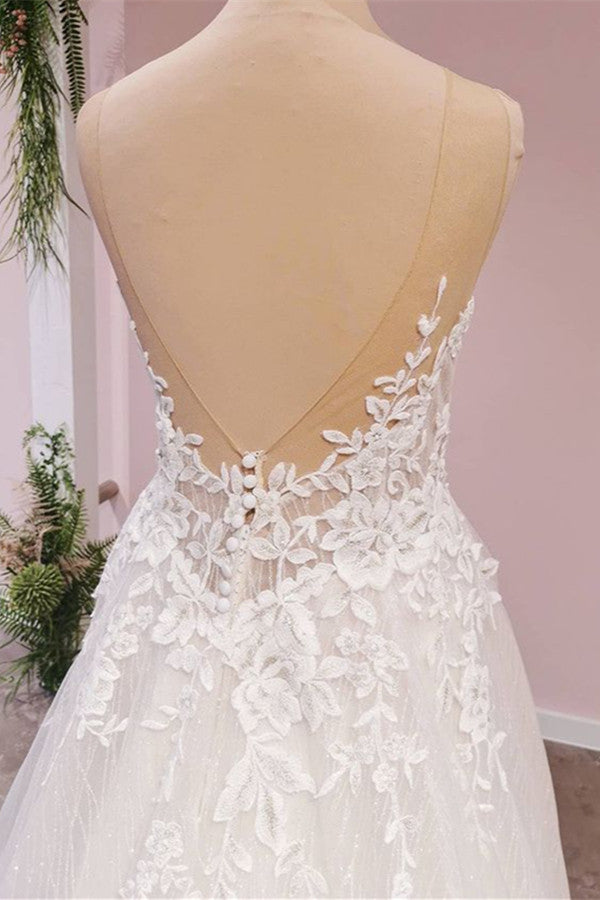 Sweetheart A-Line Backless Wedding Dress with Lace Appliques and Tulle BM bride