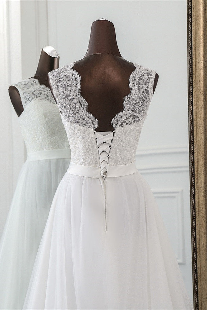 A-Line Jewel Neck Tulle Long Wedding Dress with Lace Appliques