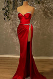 Burgundy Spaghetti-Straps Mermaid Prom Dress with Split and Beadings BM bride