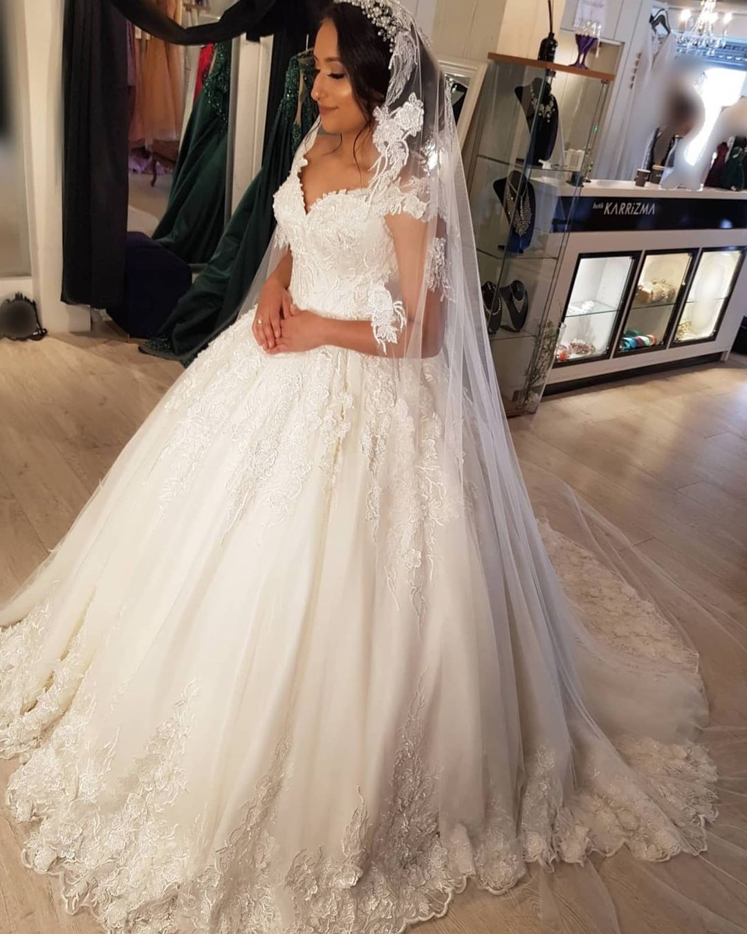 Beautiful Long Princess Off-the-Shoulder Wedding Dress with Lace BM bride