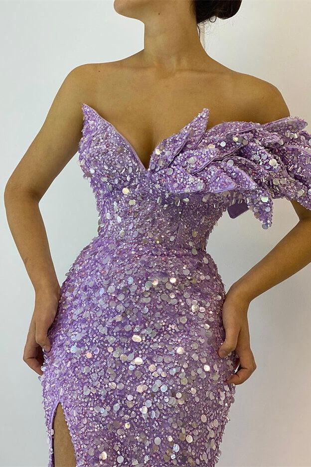 Beautiful Lilac Off-The-Shoulder Mermaid Prom Dress with Sequins and Split BM bride