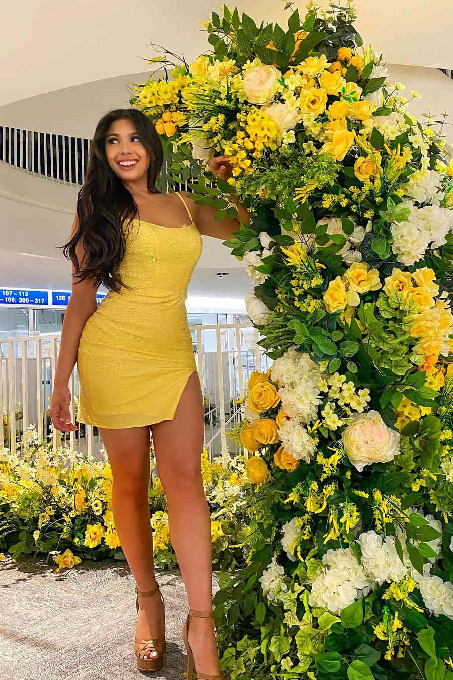 Vibrant Tight Yellow Short Homecoming Dress with Lace Up BM bride