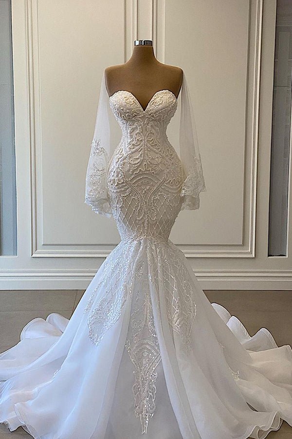 Sweetheart Strapless Lace Mermaid Wedding Dress with Pearl Beading BM bride