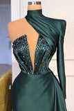 Dark Green One Shoulder Prom Dress with Sequins BM bride