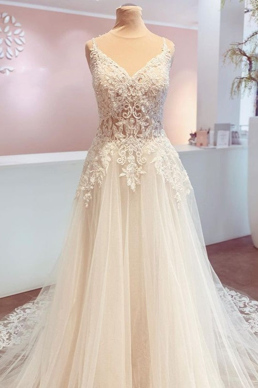 V-Neck A-Line Lace Wedding Dress BM bride