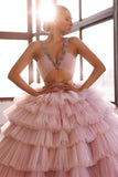 Luxurious Pink Deep V-Neck Sleeveless Prom Dress with Tulle Layered and Crystal BM bride