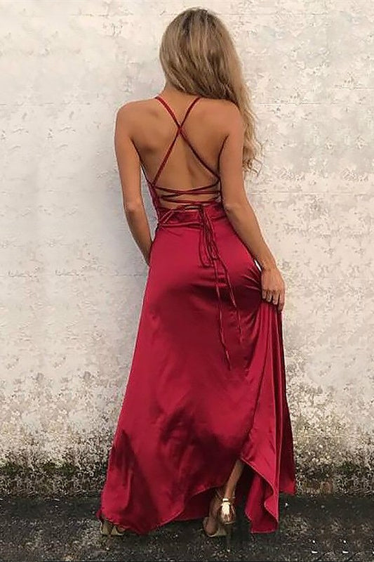 Burgundy Halter Prom Dress with Slit BM bride