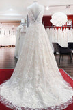 Beautiful Long Wedding Dress With A-Line Appliques Tulle Lace Open Back Design BM bride