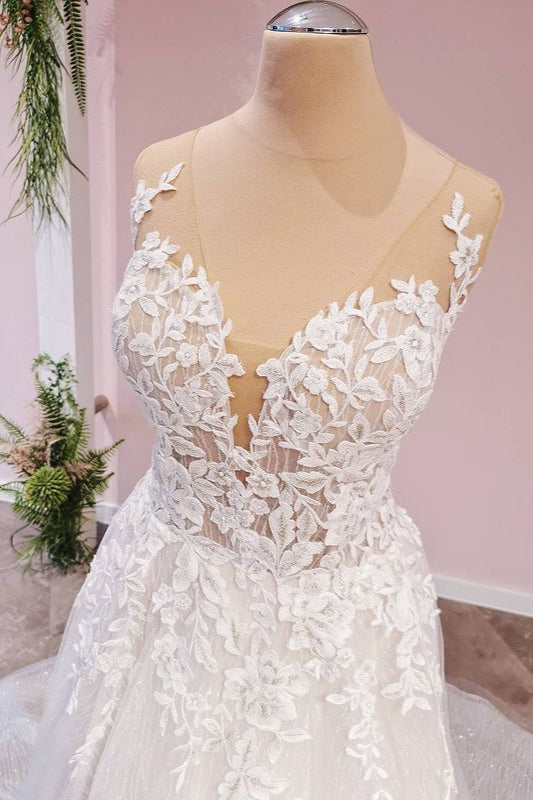 Sweetheart A-Line Backless Wedding Dress with Lace Appliques and Tulle BM bride