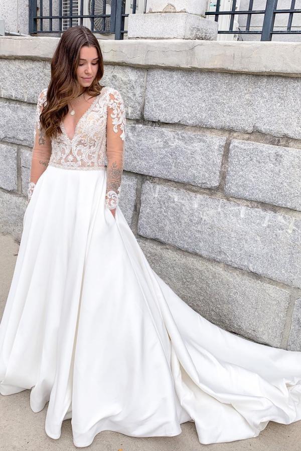 Classy A-Line Satin Deep V-neck Wedding Dress Floor-length With Appliques Lace Open Back BM bride