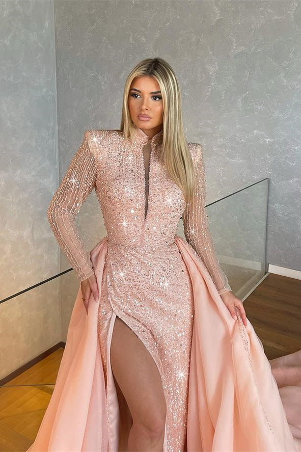 Light Pink Long Sleeve High Collar Mermaid Evening Dress with Sequin Split BM bride