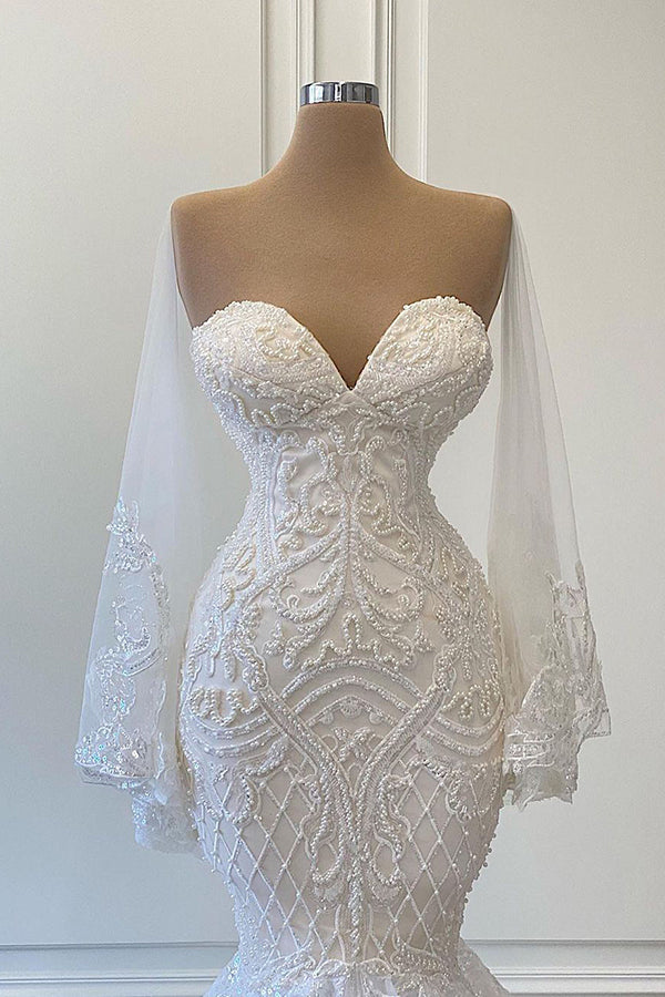 Sweetheart Strapless Lace Mermaid Wedding Dress with Pearl Beading BM bride